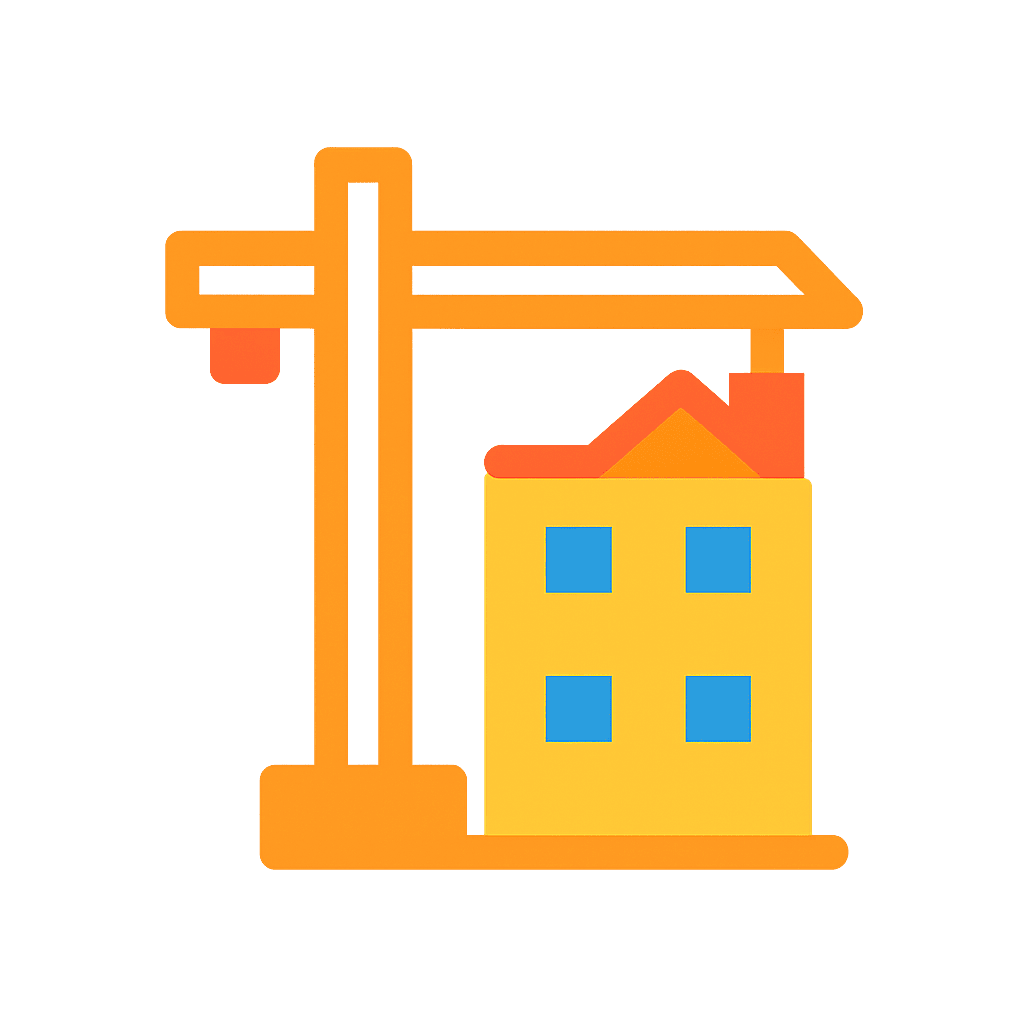 Baustelle mit Kran und Haus, Bauarbeiten, Handwerk, Bauprojekt.